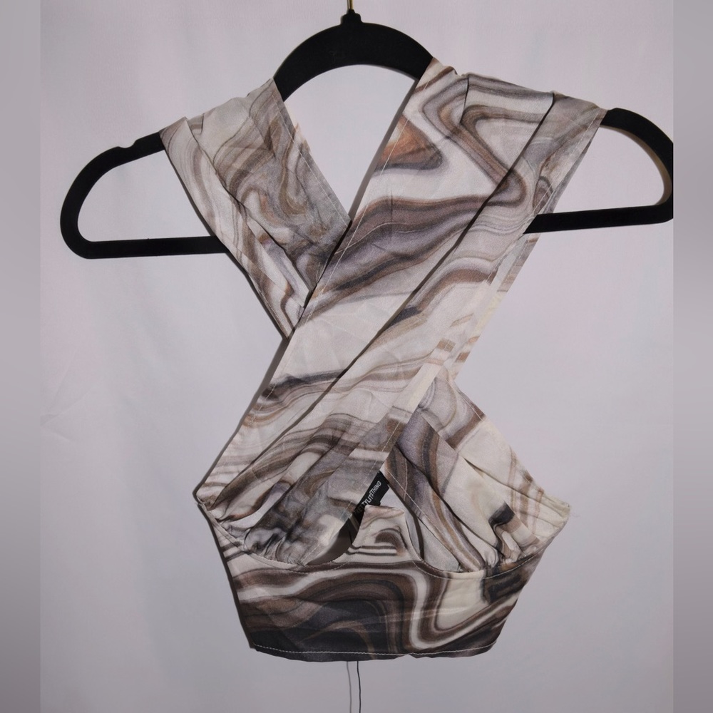 Brown Marble Print Woven Cross Front Halterneck Crop Top